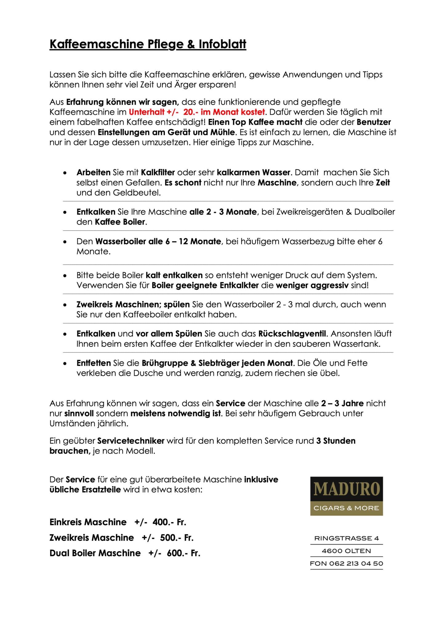 Kaffeemaschine Pflege & Info - Maduro